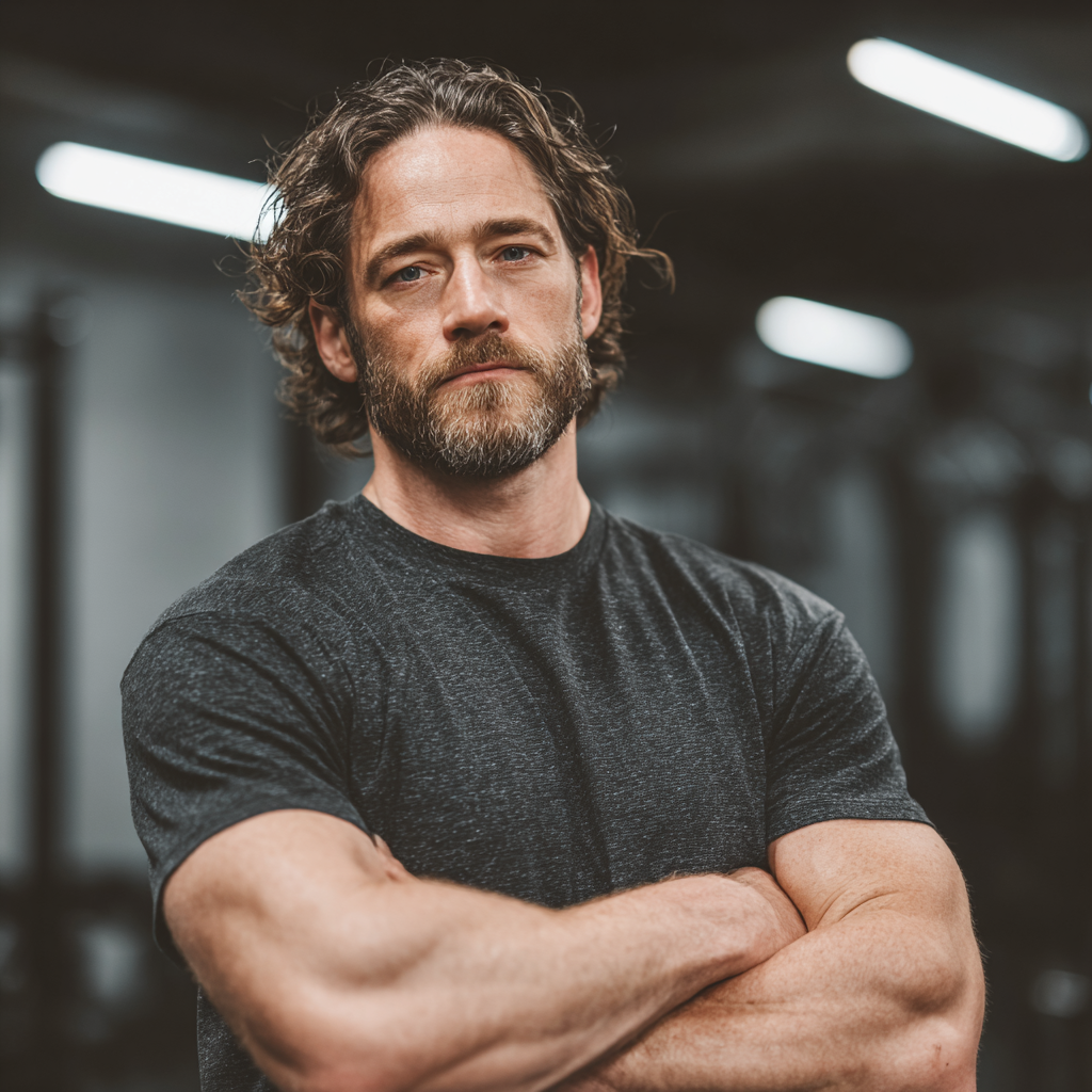 Confident athletic man in modern gym setting, focused and determined during strength training