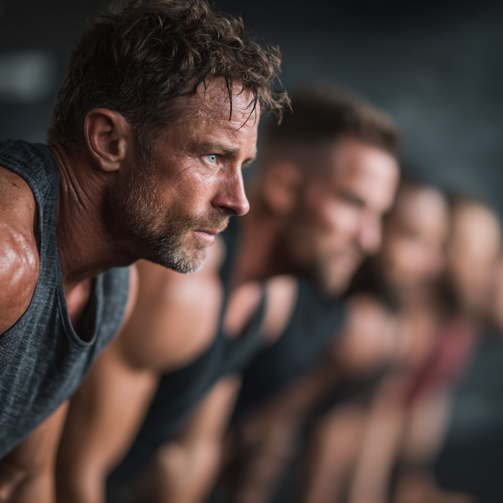 Group of motivated men during intensive training session, showcasing teamwork and determination