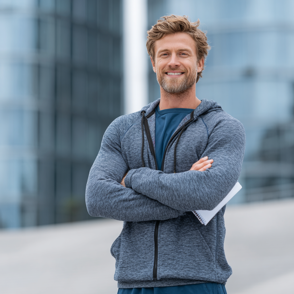 Successful businessman in athletic wear, representing work-life balance and personal achievement